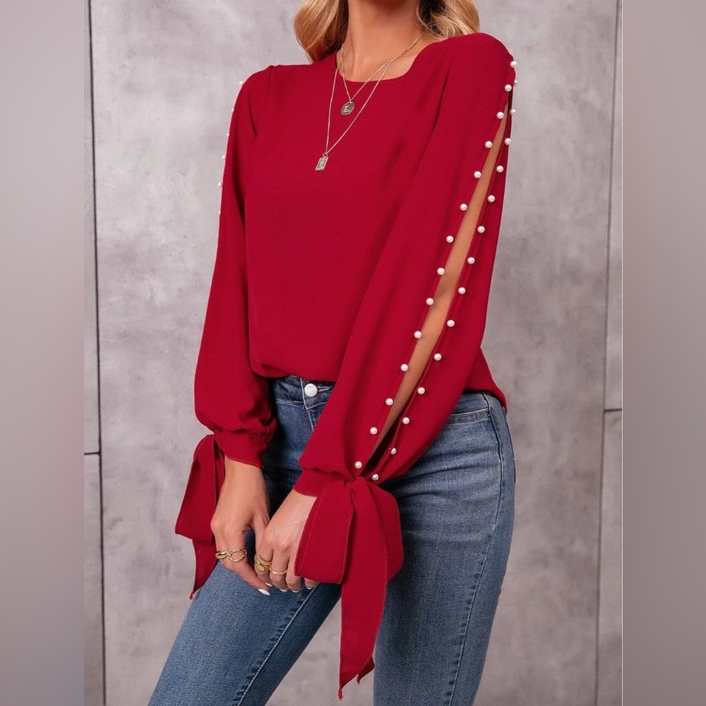 SHEIN Pearl Beaded Tie Cuff Slit Sleeve Blouse